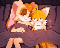 bonsoirdude 1girls 1boy vanilla_the_rabbit miles_prower tails_the_fox lingerie ai_generated after_sex kiss_mark happy on_bed sonic_(series)