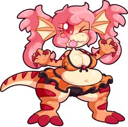anthro bikini bikini_top blargen69 bottomwear breasts camel_toe claws cleavage clothed clothing costume countershading dinosaur dragon female genital_outline hair hi_res kaiju model_sheet mythological_creature mythological_scalie mythology one_eye_closed orange_body overweight pigtails pink_hair prehistoric_species red_eyes reptile saurischian scales scalie skirt slightly_chubby small_breasts snout stripes swimwear tail theropod thick_thighs thigh_gap tsuchino_(blargen69) two-piece_swimsuit tyrannosaurid tyrannosauroid tyrannosaurus tyrannosaurus_rex vulva_outline wink