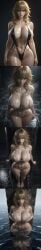 above_view ai_generated beige_bikini bikini_top_only black_slingshot_swimsuit blonde_hair breasts bricks curvaceous erected_nipples floor_tiles front_view green_eyes hourglass_figure huge_breasts ice looking_at_viewer micro_bikini ocean original_character pantyless pillar reflection reflective_water standing steamy stone_pillar tiles tits touching_breasts walking_towards_viewer water wet_skin