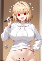 1girl 1girls ai_generated belly belly_button breasts cat catgirl darkeffect drawing_on_body female female_focus female_only front_view looking_at_viewer marker navel open_mouth presenting solo solo_female solo_focus sweater