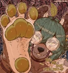 furry anthro futanari futa wolf canine solo foot_focus paw_focus soles pawpads foot_fetish paw_fetish big_paws large_paws presenting_foot foot_in_face foot_domination dominant grin teeth looking_at_viewer smug glasses round_glasses green_hair short_hair animal_ears hyena_ears tail snout fur brown_fur leaf fruit muscular_futanari, muscular text speech_bubble english_text foot_worship foot_licking detailed_paws detailed_foot green_pads blush sharp_teeth piercing earring seductive_smile tongue_out 1futanari solo_futanari pea4thefre2h original_character oc furry_only plantigrade toe_claws 2026 hyena hyena_girl intersex brown_spots spots 1futa peacheart_(character) pixel_art pixel