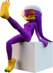 2023 3_toes 3d 3d_(artwork) absurd_res anthro areola avian avian_feet beak bird blender_(artwork) blender_cycles_(artwork) blue_eyes breasts dargotdruid default_cube digital_media_(artwork) eyelashes eyewear feathers feet female front_view genitals hi_res hirundinid kerchief looking_at_viewer nipples nude open_mouth oscine passerine pinup pose purple_areola purple_body purple_feathers purple_nipples raised_leg sega simple_background sitting small_breasts solo sonic_(series) sonic_riders sonic_the_hedgehog_(series) sunglasses swallow_(bird) talons thick_thighs toes vulva wave_the_swallow white_background wide_hips