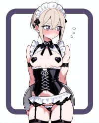 100_kanojo sutou_iku tomboy maid maid_headdress maid_uniform pasties heart_pasties tray covered_nipples corset thighs frills blush short_hair purple_eyes beige_hair simple_background ai_generated ai_assisted stable_diffusion stabletomboy