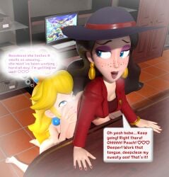 princess_peach pauline pauline_(mario) yuri fawful69 anilingus dialogue 3d_render 2girls female_only blue_eyes blonde_hair brown_hair freckles sweat mario_(series) nintendo ass_sniffing rimming