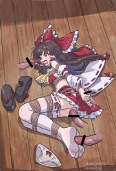 1girl 4boys absurdres arms_behind_back ascot ass bar_censor bdsm black_sandals bondage bound bound_legs bound_thighs bound_wrists bow brown_hair censored chinese_commentary clothing_cutout commentary_request commission detached_sleeves erection footjob footjob_with_legwear frilled_bow frilled_hair_tubes frilled_skirt frills gagged gangbang group_sex hair_bow hair_tubes hakurei_reimu handjob hetero highres hip_vent imminent_rape large_variant_set long_hair lying midriff miniskirt multiple_boys navel nero_augustus no_panties ofuda on_floor on_side panties penis red_bow red_eyes red_skirt restrained ribbon-trimmed_sleeves ribbon-trimmed_thighhighs ribbon_trim sandals shibari shibari_over_clothes skirt skirt_set solo_focus thighhighs touhou underwear unworn_panties unworn_sandals variant_set white_thighhighs yellow_ascot