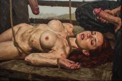 ai_generated elyddy red_hair redhead redhead_female 1girl2boys rope rope_around_neck nude nude_female naked naked_female 2boys1girl after_rape execution death after_execution after_hanging dead_body necrophilia cum cum_on_body hard_cock ejaculation ejaculation_on_breasts rape raped abused_female dead
