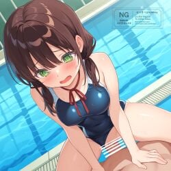 1boy 1girl bar_censor blue_one-piece_swimsuit breasts brown_hair censored clothed_female_nude_male clothing_aside commentary_request commission competition_school_swimsuit cowgirl_position girl_on_top green_eyes hetero highres low_twintails medium_hair neck_ribbon nikki_(n2kkey) nude one-piece_swimsuit open_mouth original penis pixiv_commission pool poolside pussy ribbon school_swimsuit sex solo_focus spread_legs straddling swimsuit swimsuit_aside twintails vaginal watermark