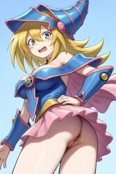 1girls ai_generated ass blonde_hair bottomless dark_magician_girl duel_monster from_behind green_eyes leukocrisp no_panties pussy stable_diffusion tagme yu-gi-oh! yu-gi-oh!_duel_monsters