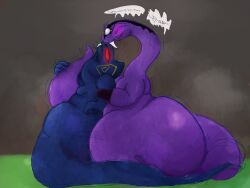 2026 4:3 absurd_res anthro arm_grab big_butt blue_body bodily_fluids brown_background butt dialogue digital_media_(artwork) english_text excessive_sweat eyeliner fangs from_behind_position green_background half-closed_eyes hi_res huge_butt hyper hyper_butt lego long_neck makeup male moobs narrowed_eyes nauiho ninjago obscured_sex pink_sclera pupils purple_body pythor_(fan_character) pythor_(ninjago) raised_head red_sclera rumpy_apode serpentine sex side_view simple_background skales_(ninjago) slit_pupils smile solo speech_bubble steam steaming sweat teeth text thick_thighs wide_hips