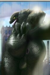 anthro anus anus_focus backsack balls butt checking_out_self city claws flashbulbmemory genitals godzilla godzilla_(series) hi_res kaiju light looking_at_viewer looking_back macro male presenting presenting_hindquarters public scalie solo standing sunlight toho
