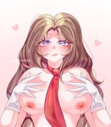 olivkkaaa necktie 1girls female female_only boobs big_breasts hands_on_boobs long_hair looking_at_viewer blush blue_hair tongue_out heart_symbol gloves
