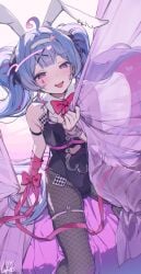 bed blush bowtie bunny_ears bunny_girl bunnysuit cards curtains female female_focus female_only fishnet_legwear fishnets handcuffs hatsune_miku legwear ningen_mame object_between_breasts playboy_bunny rabbit_hole_(vocaloid) ribbon_bondage smiling tie