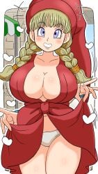 ketsumoa hi_res 2026 <3 dragon_quest dragon_quest_xi veronica_(dq11) 1girls female female_only solo smiling blonde_hair long_hair twin_braids purple_eyes blush grin big_breasts large_breasts boob_window clothes_lift panties looking_at_viewer smiling_at_viewer
