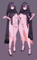 2girls black_eyes black_hair breasts censored censored_pussy eonsang female girls'_frontline high_heels nyto_(girls_frontline) pussy showing_off tagme