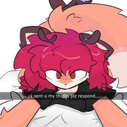 1boy bed black_shirt cufowo femboy fox fur orange_fur photo pillow red_eyes red_hair selfie tail