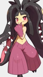 ai_generated bed black_hair mawile pokemon posing red_eyes yellow_skin