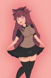 accessory animal_ears ass bat_wings belly belly_button big_breasts black_clothing black_legwear black_shirt black_skirt black_sleeves black_thighhighs breasts cat_ears cathee cleavage clothed clothes clothes_lift clothing collar collarbone ear_fluff fake_animal_ears feet_out_of_frame female female_only fit fit_female frilled_skirt frills hair_accessory hair_ornament happy happy_female headband headgear headwear knees_together_feet_apart legwear light-skinned_female light_skin long_hair looking_at_viewer midriff mooseanonymoose multicolored_hair nipples nipples_visible_through_clothing no_bra no_bra_under_clothes o-ring o-ring_bottom open_mouth original_character pink_background pink_eyes pink_nipples purple_hair red_hair see-through see-through_clothing see-through_shirt sharp_teeth skirt skirt_lift smiling smiling_at_viewer solo thick_thighs thighs thin thin_arms thin_female thin_waist