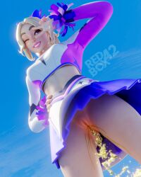 3d blodne_hair cheerleader cheerleader_outfit cheerleader_uniform female female_only fortnite haylee_skye_(fortnite) looking_at_viewer pee peeing piss pissing pussy redbox42 skirt skirt_lift smile urination urine urine_stream