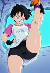 ai_generated big_ass blue_eyes cameltoe dragon_ball dragon_ball_z short_hair small_breasts thick_thighs thigh_highs thighs tomboy videl yoga_pants yoga_pose