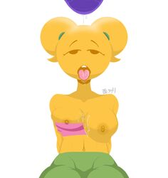 after_fellatio anthro breasts breasts_out clothing cum cum_in_mouth cum_on_breasts dyllzone eggplant emoji emoji_(race) emoji_bitch emojifam_(sssir8) female female_focus female_only humanoid humanoid_penis mob_face no_outlines tight_clothing tongue tongue_out twintails yellow_body