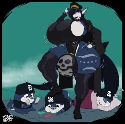 absurd_res annoyed anthro aquatic big_breasts big_bulge blue_eyes boots box-s breasts bulge clothed clothing fish footwear grumpy gynomorph hat headgear headwear hi_res huge_breasts huge_bulge intersex irma_(grammaticerror) leotard null_bulge overcoat pose shark shoes solo whaleshark wobble