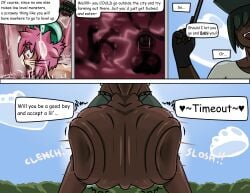 animal_humanoid ball_clench blackmail bodily_fluids bottomwear clothing cock_vore comic cum cum_vore dark_body dark_skin dialogue digestion excessive_cum excessive_genital_fluids excessive_genital_fuid fingerless_gloves forced futanari genital_fluids genitals gloves green_bottomwear green_clothing green_hair green_hat green_headwear green_shorts hair handwear hat headgear headwear herm hi_res human human_pred humanoid humanoid_genitalia intersex intersex/male male mammal mammal_humanoid maw_(mawgapen) mawgapen mouse_humanoid murid murid_humanoid murine murine_humanoid outside park_(mawgapen) penile penis pink_hair rodent rodent_humanoid shirt shorts tablet topwear unwilling_prey vore white_clothing white_shirt white_topwear