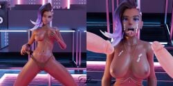 1girls 2boys 2koma 3d 3d_(artwork) before_and_after breast_grab cum cum_in_mouth cum_on_breasts cum_on_face cum_on_tongue cum_on_upper_body dark-skinned_female dark_skin flamatactica grabbing_own_breast gradient_hair highres latina light-skinned_male light_skin nude nude_female nude_male open_mouth out_of_frame overwatch overwatch_2 panties purple_hair sombra stripper_pole tongue tongue_out unseen_male_face