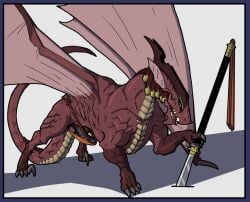 armor barely_contained barely_contained_penis claws dragon ear_piercing feral furgonomics genitals hi_res horn labjer male male_feral mythological_creature mythological_scalie mythology penis piercing scalie sharp_teeth simple_background solo tail tail_armor teeth tongue weapon wings
