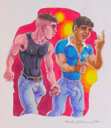 2001 2boys armpit_hair belly_button_visible_through_clothing brown_hair bulge dated gay jeans light_skin male male_only michael_kirwan muscular nipples_visible_through_clothing original out_of_frame penis_outline simple_background tan_skin tank_top tight_clothing tight_pants traditional_media yaoi