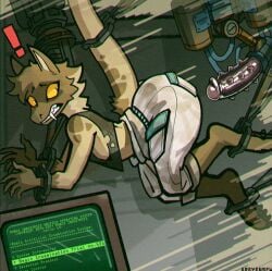 alert anthro areye_(artist) arm_grab bound canid canine canis claws coyote dildo ears_up exclamation_point fallout fangs fluffy fur gloves_(marking) hi_res imminent_sex leg_grab male male/male mammal markings marshal_(marshalaxis) microsoft night_stalker_(fallout) pit_viper questionable_consent rattlesnake reptile scales scalie sex_toy snake solo tail tail_grab tan_body tan_fur teeth text viper yellow_eyes