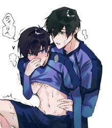 blue_lock blush blushing femboy gay gay_male isagi_yoichi itoshi_rin male/male male_focus male_only nipple_play nipples shaking_lines size_difference sweat trembling trembling_for_pleasure twink uniform yaoi