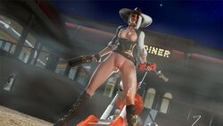 3d ashe_(overwatch) boots cowboy_hat dynamite exposed_breasts exposed_nipples exposed_pussy legs_apart overwatch wackation