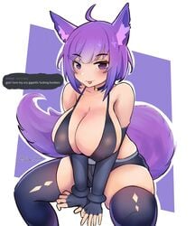 ahoge animal_ears animal_humanoid artist_name big_breasts bikini blush borrowed_character breast_squeeze breasts choker cleavage discord female fox_ears fox_girl fox_tail hands_between_legs hotpants huge_breasts looking_at_viewer mura_(woops) nipple_bulge nipples original purple purple_eyes purple_hair purple_tail sae_art short_hair sitting skindentation solo text thighhighs tongue_out torn_thighhighs woops