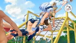 1boy 3girls absurdres animal_ears ass barefoot black_hairband black_shorts black_socks blonde_hair blue_hair braid brown_shorts feet footjob genshin_impact hairband highres kachina_(genshin_impact) long_hair mualani_(genshin_impact) multicolored_hair multiple_girls nan_nan_bo_meng open_mouth paimon_(genshin_impact) penis playground red_eyes shorts socks toes twin_braids vision_(genshin_impact) visor_cap white_hair