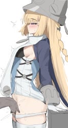 1girl absurdres blonde_hair blue_jacket blush breasts commentary_request fahufahu fingering from_side gloves grey_hat half-closed_eyes hat highres jacket long_hair norma_(zenless_zone_zero) norma_hollowell panties panty_pull parted_lips purple_eyes pussy_juice sideboob simple_background small_breasts solo_focus sweat thighhighs underwear unknown_artist very_long_hair white_background white_gloves white_panties white_thighhighs zenless_zone_zero