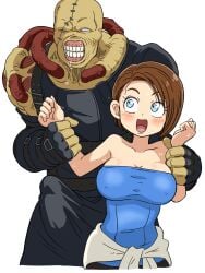 ketsumoa 2026 capcom resident_evil resident_evil_3 jill_valentine nemesis_(resident_evil) 1monster 1boy 1girls male female brown_hair blue_eyes blush wide_eyed open_mouth smile big_breasts arm_grab from_behind grabbing_from_behind erection erection_under_clothes big_bulge imminent_sex white_background textless_version