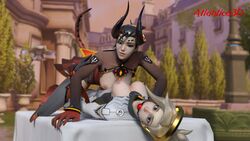 2girls 3d atlantica3d ball_gag bondage devil_mercy exposed_breasts exposed_nipples looking_at_viewer mercy overwatch selfcest