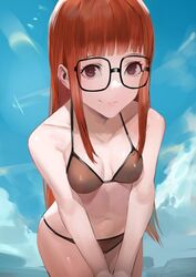 1girls 2d atlus belly bikini blazpu breasts female glasses looking_at_viewer orange_hair persona persona_5 sakura_futaba see-through_bikini small_breasts smile solo tagme