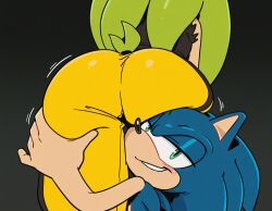 bonsoirdude 1girls 1boy sonic_(series) sonic_the_hedgehog_(idw) showing_off ass_grab yellow_pants sonic_the_hedgehog surge_the_tenrec ai_generated looking_at_viewer