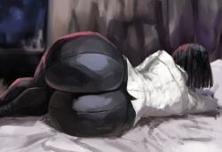 ryoshu_(limbus_company) limbus_company project_moon tagme ai_generated cinderhee laying_on_bed laying_on_side laying huge_ass big_ass large_ass ass butt ass_bigger_than_head tight_clothing pants black_pants shirt white_shirt bed bedroom black_hair short_hair bowl_cut pillow sheets wide_hips bottom_heavy bottom_heavy_female solo solo_female female female_only ass_focus 1girls from_behind