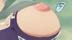 1girls areolae blush bouncing_breasts breasts hiwamura_hiyori large_breasts nipples open_mouth puffy_nipples purple_eyes screencap sound swimsuit text video white_hair yowa_yowa_sensei