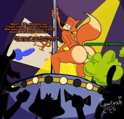 2026 absurd_res aliasing anthro big_butt binary_drawing blush bodily_fluids butt canid canine claws clothing crowd dancing digital_drawing_(artwork) digital_media_(artwork) dipstick_tail embarrassed fart fart_cloud fox fur group hi_res humongous_entertainment lewtrain low-angle_view male mammal markings money orange_body orange_fur penis_drawing pole pole_dancing presenting raised_tail rear_view smile solo spotlight spy_fox spy_fox_(series) stage sweat tail tail_markings undressing