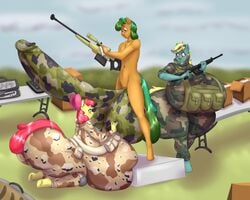 absurd_res anthro anthrofied apple_bloom_(mlp) ass big_breasts big_butt big_penis blues64 blush bodypaint breasts camo clothed clothing coral_leaf_(oc) equid equine female friendship_is_magic genitals green_hair hair hasbro hi_res huge_breasts huge_butt huge_cock hyper hyper_breasts hyper_genitalia hyper_penis male male/female mammal marauder6272 my_little_pony nude penis red_hair thick_thighs trio yellow_body