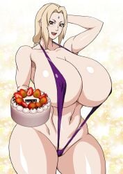 bbw big_breasts birthday huge_breasts light-skinned_female light_skin naruto naruto_(series) naruto_shippuden purple_bikini sling_bikini slingshot_bikini slingshot_swimsuit smiling tsunade