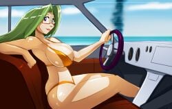 hanyuu_mizuki vampire_(ova) 1girls driving car breasts huge_breasts bikini gold_bikini blue_sky ocean looking_at_viewer glasses purple_eyes green_hair long_hair ass sideboob thighs sitting shonuff bare_shoulders car_interior steering_wheel