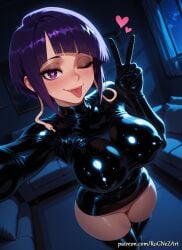 1girl 2026 ai_generated anime bangs black_thighhighs blunt_bangs blush bodysuit boku_no_hero_academia boobs breasts cleavage commando covered_nipples crossover explicit eye_contact female female_focus flushed gloves handwear heart heart-shaped_pupils highres huge_breasts jirou_kyouka kyoka_jiro large_breasts latex latex_bodysuit looking_at_viewer my_hero_academia night no_panties nsfw one_eye_closed patreon purple_eyes purple_hair pussy rognezart selfie short_hair skin_tight smile smiling solo spread_pussy symbol-shaped_pupils thighhighs tongue tongue_out v