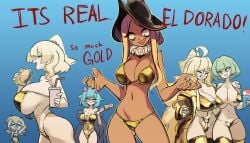 1girls 6+girls :d absurdres ahoge akina-chan big_breasts bikini blonde_hair blue_background blue_hair borrowed_character breasts burger busty centurii-chan child_bearing_hips cleavage constricted_pupils dark-skinned_female dark_skin drooling english_commentary english_text fangs female female_only florida-chan_(ryusei_hashida) florida-chan_(ryuseihashida) food gluteal_fold gold_bikini gold_corset golden_week green_hair highres huge_breasts large_breasts long_hair mitsushige-chan_(kureha_mitsushige) multiple_girls naughty_face navel neck_ruff open_mouth original original_characters pose posing saliva sensual sexy short_hair sideboob sidelocks smile stomach swimsuit voluptuous wardrobe_malfunction wide-eyed