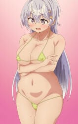 1girls bikini blush breasts cleavage erection_under_clothes hips hiwamura_hiyori large_breasts micro_bikini navel nipples open_mouth purple_eyes screencap stitched sweat thick_thighs thighs white_hair wide_hips yowa_yowa_sensei