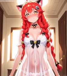 nanally_(neverness_to_everness) ai_generated velvetart neverness_to_everness red_eyes red_hair cat_ears cat_tail chocker bell blushing