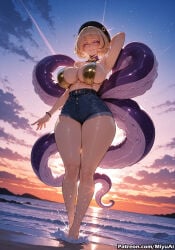 1girl ai_assisted ai_generated armpits barefoot blonde_hair breasts curvaceous curvy curvy_female curvy_figure denim denim_shorts female hat innertube large_breasts looking_at_viewer miyuai monster_girl one_eye_closed purple_eyes short_hair shorts sky smile solo standing star_(sky) starry_sky tail tan thick thick_ass thick_butt thick_hips thick_legs thick_thighs thighs underboob voluptuous voluptuous_female wading water wide_hips wide_thighs yidhari_murphy zenless_zone_zero